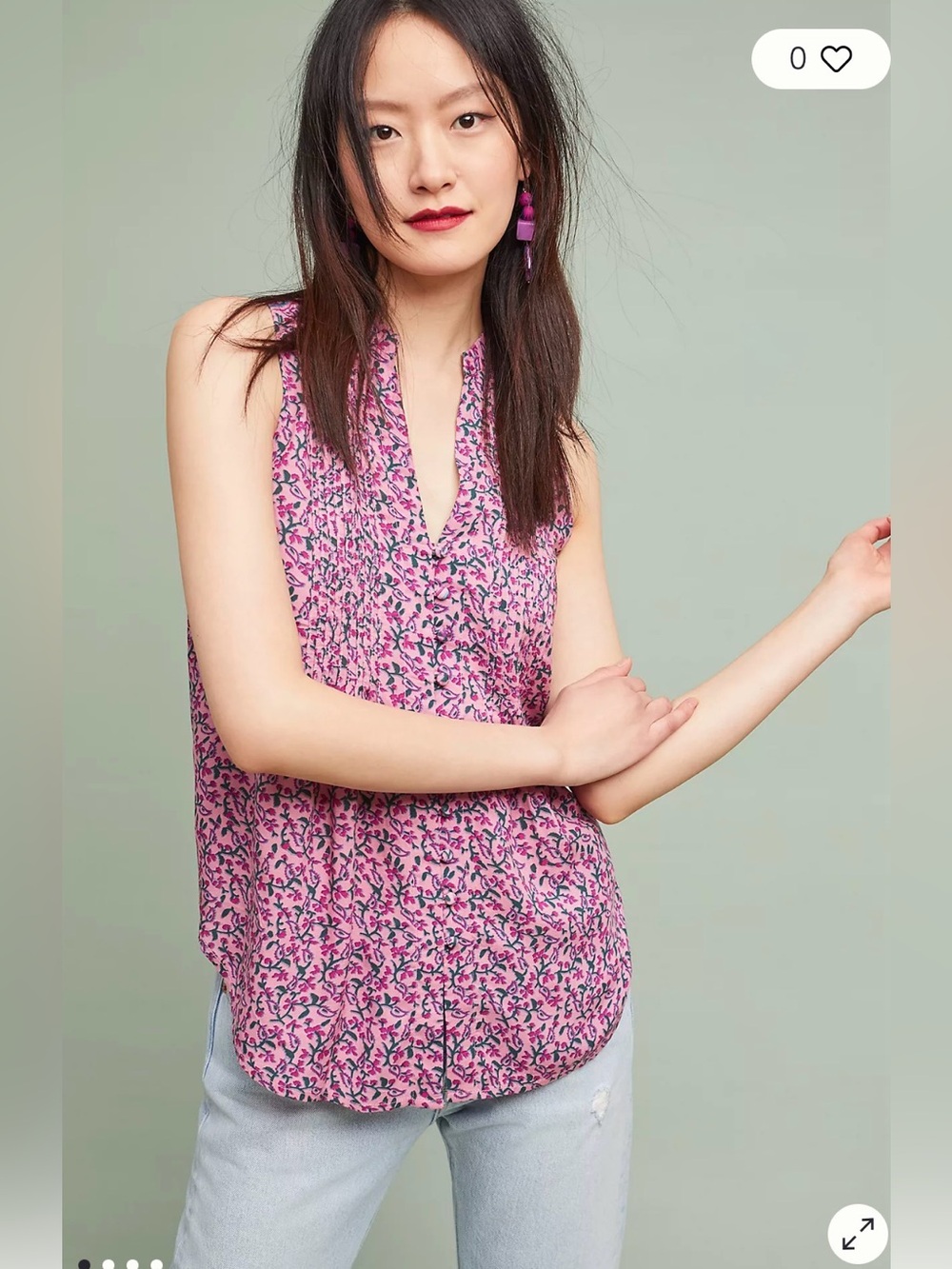 Maeve Petunia Pintucked Tank Size M Sleeveless Pink Floral Button Front Blouse
